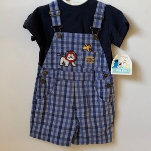 Sesame Street 2pc Blue Plaid Overalls and Navy Shirt NWT Boy’s Size 24 months.
